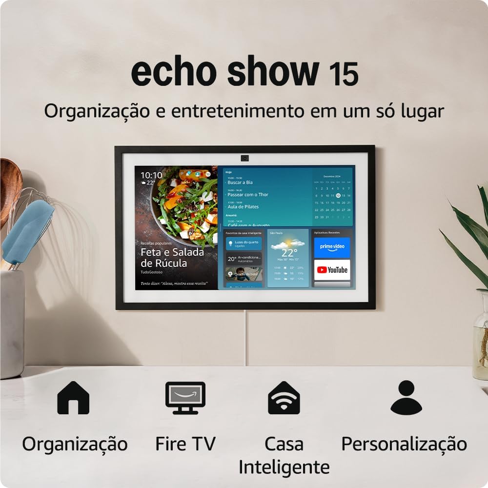 Echo Show 15 (Geração mais recente) | Smart display Full HD de 15,6” com Alexa, experiência Fire TV e controle remoto por voz, com Acesso Antecipado à Alexa+